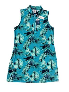 Tommy Bahama NWT Golf Dress New Turquoise Tropical Palm Leaf Sleeveless L Large